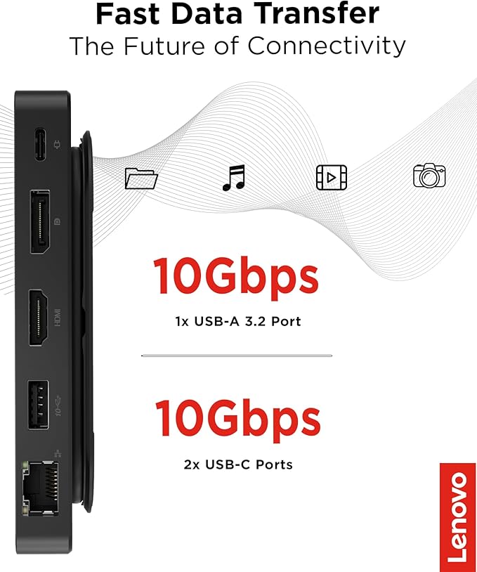 Lenovo USB-C Dual Display Travel Dock - 7 Ports, Integrated USB-C Cable, Universal Compatibility, Dual Displays at 4K - Black