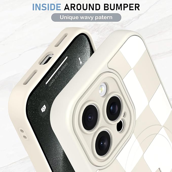 KANGHAR Compatible with iPhone 15 Pro Case, Support for MagSafe, Silicone Checkered Cute Pattern, Wristband Kickstand Camera Protection Soft Slim Cover for Girls Women -White