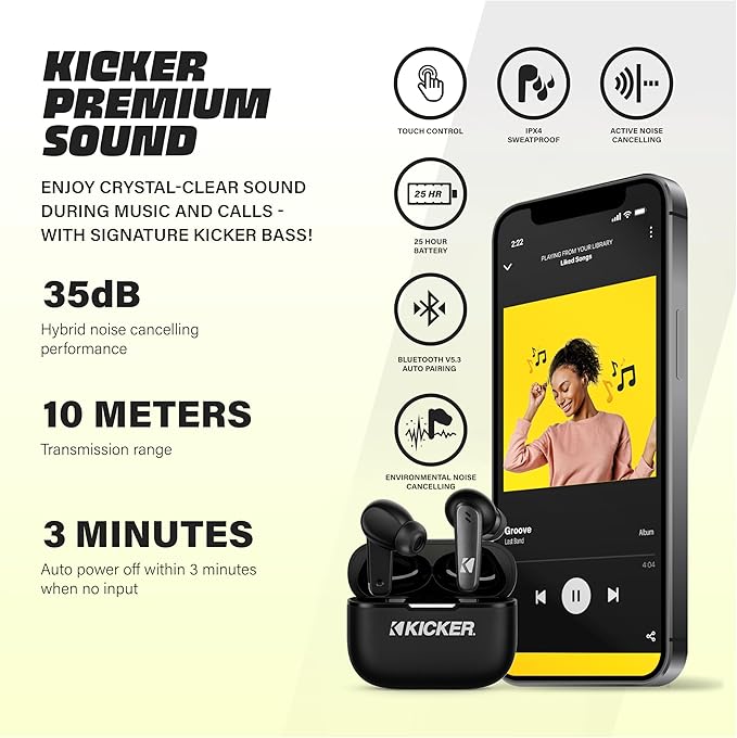 KICKER Bluetooth Earbuds TW3 Wireless Earbuds with Active Noise Cancellation, 25-Hour Battery Life, in-Ear Headphones with Dual Microphones for Clearest Voice Clarity Touch Controls