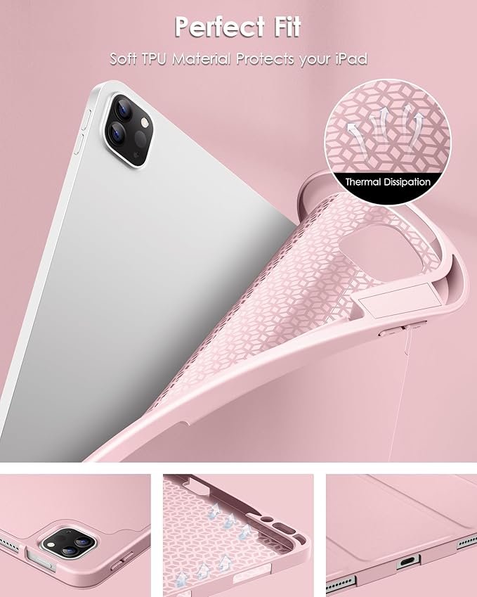 DTTO for iPad Air 13 Inch Case M4/M3/M2 2026/2025/2024, iPad Pro 12.9 Inch Case (6th/5th/4th/3rd Gen), Smart Slim Trifold Stand Soft Cover with Pencil Holder, Rose Gold