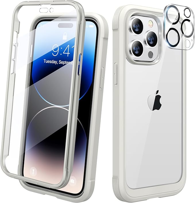 Diaclara Designed for iPhone 14 Pro Max Case 6.7’’, Full Body Rugged Phone Case w/Built-in Sensitive Anti-Scratch Screen Protector+9H Tempered Glass Camera Lens Protector(White)