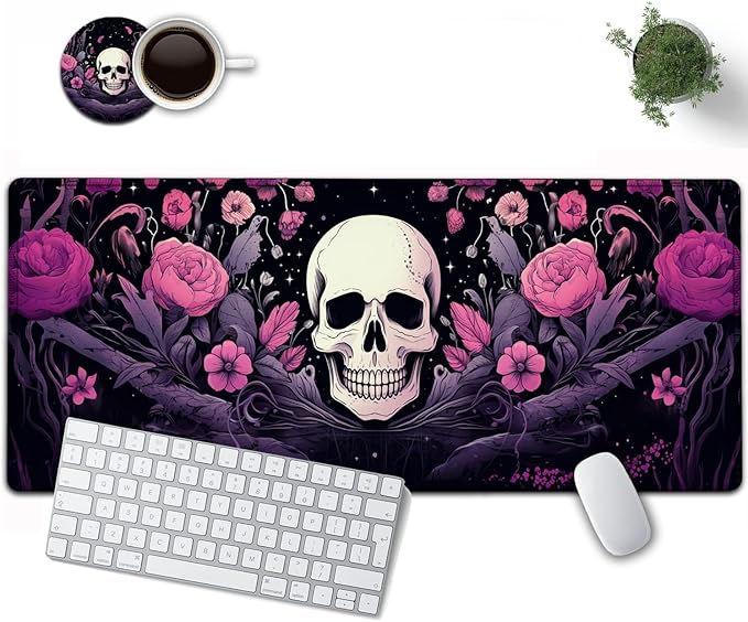 Large Mouse Pad, 31.5 x 11.8in Extended Gaming Mouse Pad with Stitched Edges, XXL Mousepad Protector Non Slip Rubber Base for Office and Home Writing Mat, Skulls and Pink Flowers Black Desk Mat