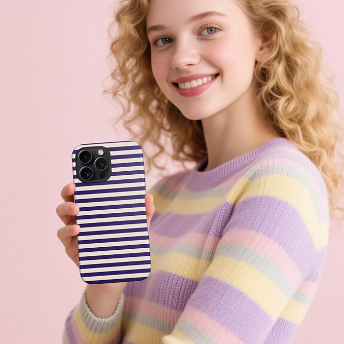Magnetic for iPhone 15 Pro Max Case Cute Stripes Phone Case, Shockproof Slim TPU and Hard PC Protective Phone Cover Compatible with MagSafe Designed for Women Girls, Blue&Apricot