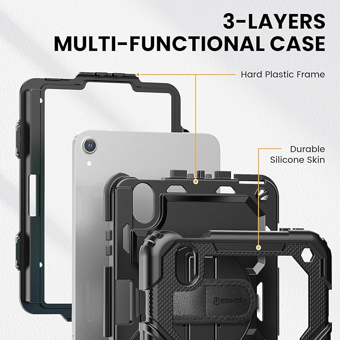 Timecity Case for iPad mini 7 (A17 Pro) 8.3 inch 2024, for iPad mini 6, Protective Case with Screen Protector, Pencil Holder, Rotating Stand & Handle Strap for iPad mini 7th/6th Generation - Black