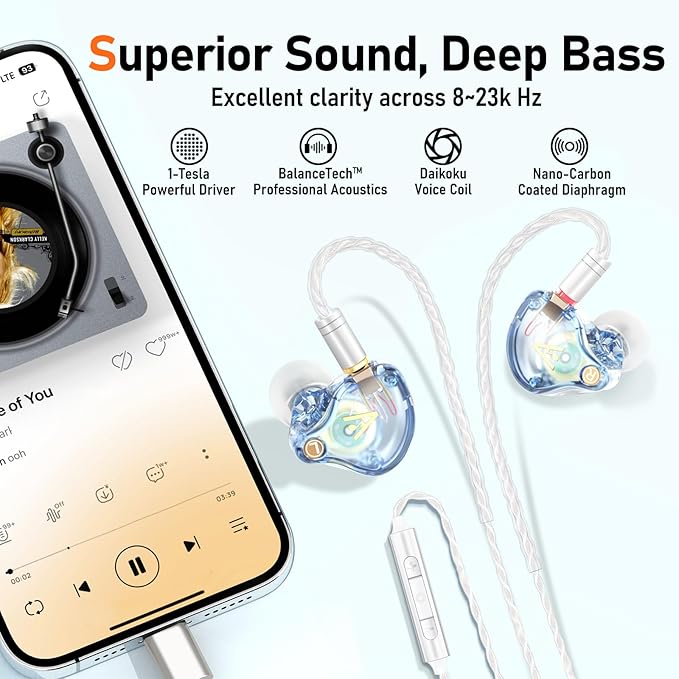 Vibes 202M Wired Earbuds - HiFi in Ear Monitor Headphones - Noise Isolating Ear Buds w/ Mic - Clear Sound, Deep Bass & Comfort-Fit Gaming Earphones - MMCX to 3.5mm & Silver Plated Cord, Carrying Case