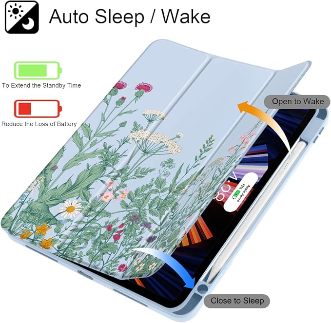 May Chen for iPad Pro 13 Inch Case M5 2025 / M4 2024, Built Pencil Holder & Clear Transparent Print Back Shell Slim Stand Shockproof Tablet Cover, Auto Wake/Sleep, Herbs Flowers
