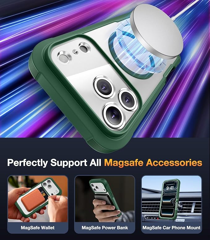 Diaclara Magnetic Designed for iPhone 17 Pro Max Case Full Body Bumper,[Compatible with MagSafe] Military Drop Proof Cover with Built-in Privacy Screen Protector,Green
