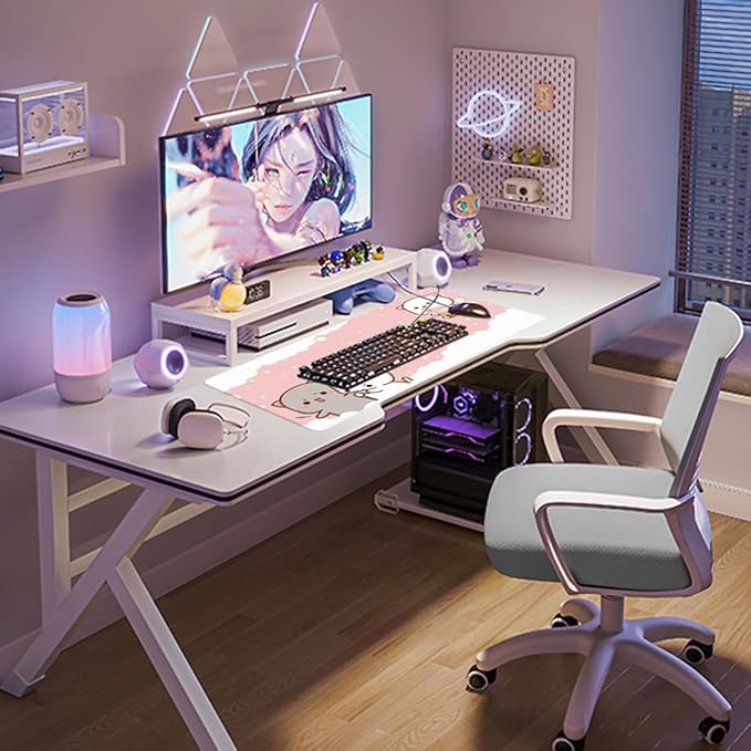 Pink Large Gaming Mouse Pad Cat Desk Pad XXL Cute Mouse Mat 35x15.7x0.12 inch Desk Accessories Kawaii Keyboard Pad (Pink -6)