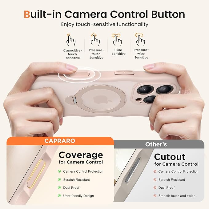 CAPRARO for iPhone 16 Pro Case with 360° Spin Magnetic Stand for Women, [Compatible with MagSafe] [Full Camera Protection] Cute Wave Translucent Matte Case for iPhone 16 Pro, Rose Gold