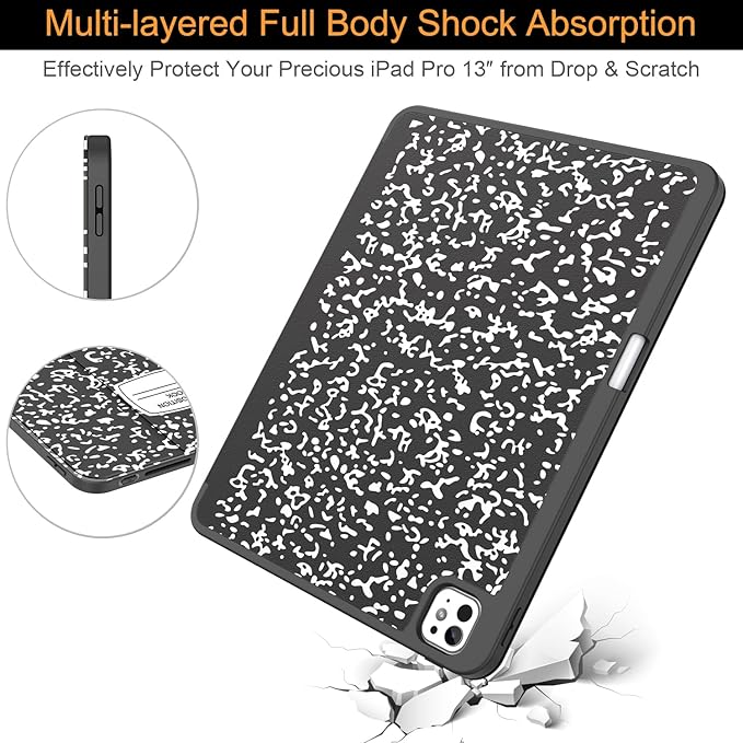 Soke Case for New iPad Pro 13 Inch (M5/M4, 2025/2024 Release), with Pencil Holder Trifold Stand Shockproof [Support Apple Pencil Charging + Auto Wake/Sleep], Soft TPU Back Cover, Book Black