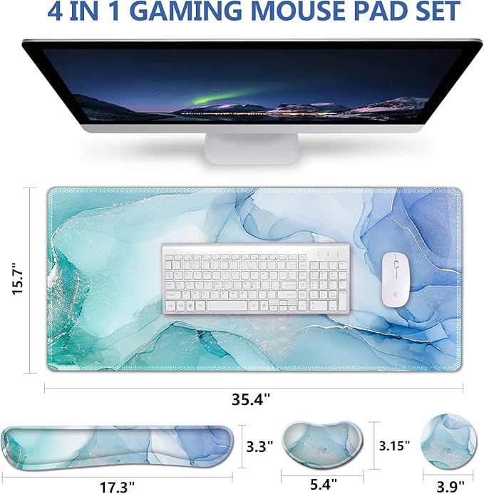 DINKY Keyboard Mouse Pad Set, Large Gaming Mousepad + Memory Foam Ergonomic Keyboard Wrist Rest Support, Easy Typing Pain Relief, 4Pcs (35.4" x 15.7") Extended Desk Mat-Blue Marble