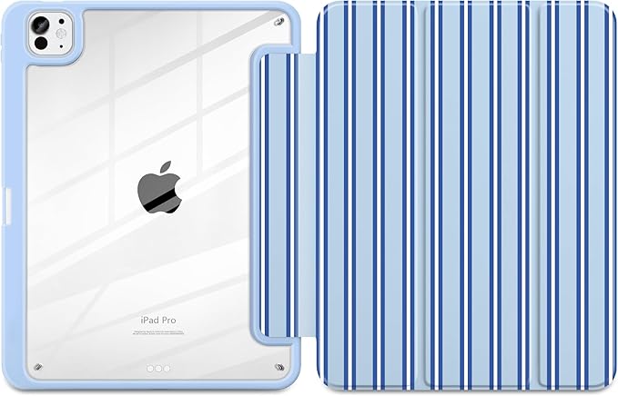 Case for iPad Pro 11 Inch (M5 2025 M4 2024) – [Built-in Pencil Holder], Shockproof & Stylish, Clear Hard Back + Soft TPU Edge, Magnetic Trifold Stand, Auto Wake/Sleep, Blue Stripes