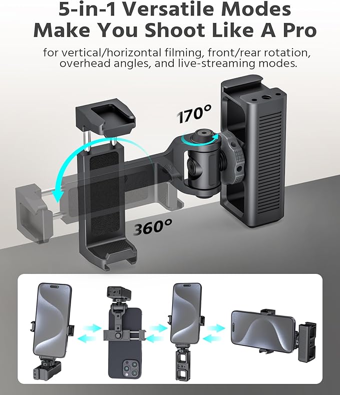 Phone Clip Rig Stabilizer for Smartphone, Lightweight Handheld Vlogging Rig with 360° Rotation, Grip & Cold Shoe Mounts | Compatible with Most Smartphones (for Cold Shoe Standard)