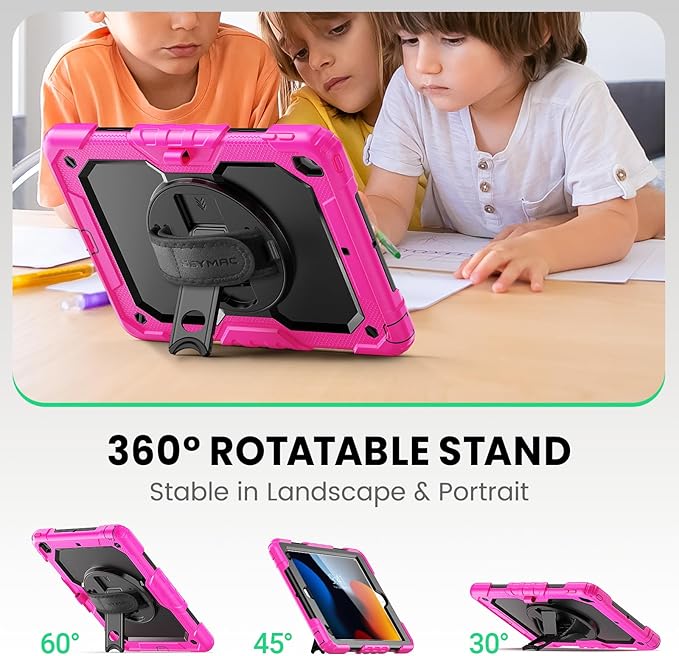 SEYMAC for iPad 9th/8th/7th Generation Case 10.2" 2021-2019, Full-Body Shockproof Heavy Duty Protective Case with Screen Protector, Rotating Stand/Handle/Shoulder Strap for iPad 10.2, Pink