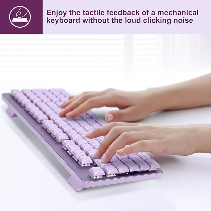 LeadsaiL Wireless Keyboard and Mouse Combo, 2.4Ghz Cordless Mechanical Keyboard and Silent Mouse for Business, Low-Profile Red Switch, 98-Key Compact Slim Keyboard for Windows/MacOS PC Laptop- Purple