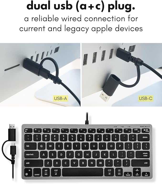 Macally Small Wired Keyboard for Mac and PC (Dual USB C + A) - Save Space, 78-Key Layout with 13 Shortcuts, Type C - Compact USB C Keyboard for MacBook, iMac, iPad, iPhone - Space Gray