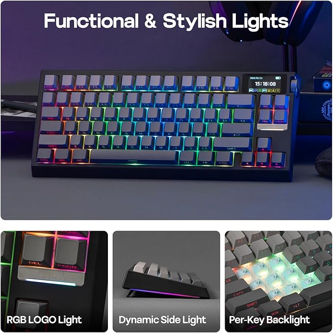 EPOMAKER G84 PRO Wireless Mechanical Keyboard, 75% Gaming Keyboard with 8000mAh Battery, PBT Keycaps, 81 Keys, Hot Swap, Custom Driver, RGB Backlight, Gasket-Mount (Black, Creamy Jade Switch)