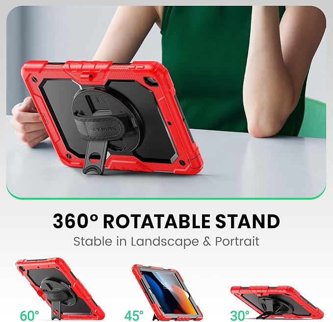 SEYMAC for iPad 9th/8th/7th Generation Case 10.2" 2021-2019, Full-Body Shockproof Heavy Duty Protective Case with Screen Protector, 360° Rotating Stand/Handle/Shoulder Strap for iPad 10.2 Inch, Red