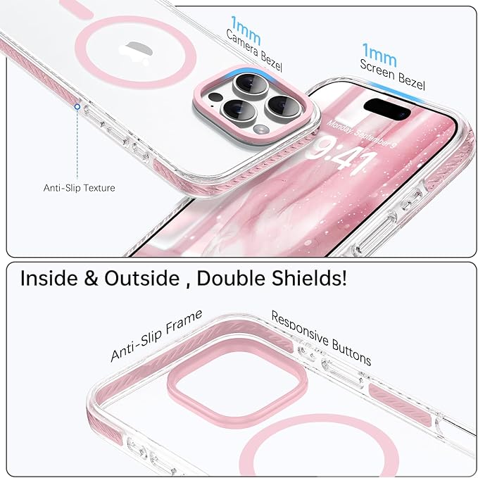 BENTOBEN Magnetic for iPhone 16 Pro Max Case 6.9", Compatible with Magsafe Military Shockproof Protective Bumper Cute Transparent Slim Anti-Yellowing Phone Case for iPhone 16 ProMax Cover, Clear Pink