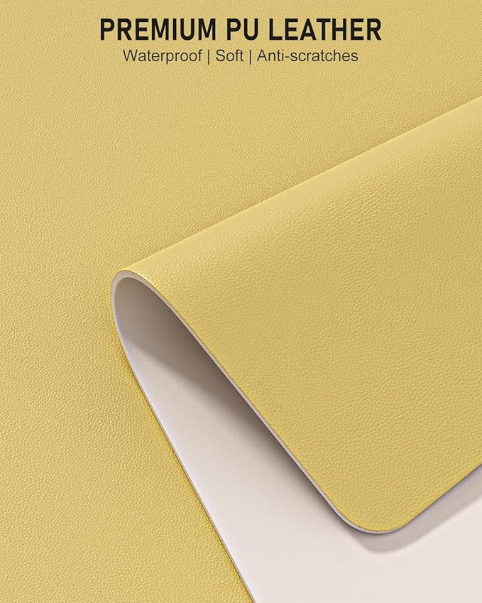 Desk Pad, 23.6" x 13.8" PU Leather Non-Slip Desk Mat Large Mouse Pad for Desktop, Waterproof Laptop Computer Writing Mat for Office, Home, Work, Gaming, Pale Yellow