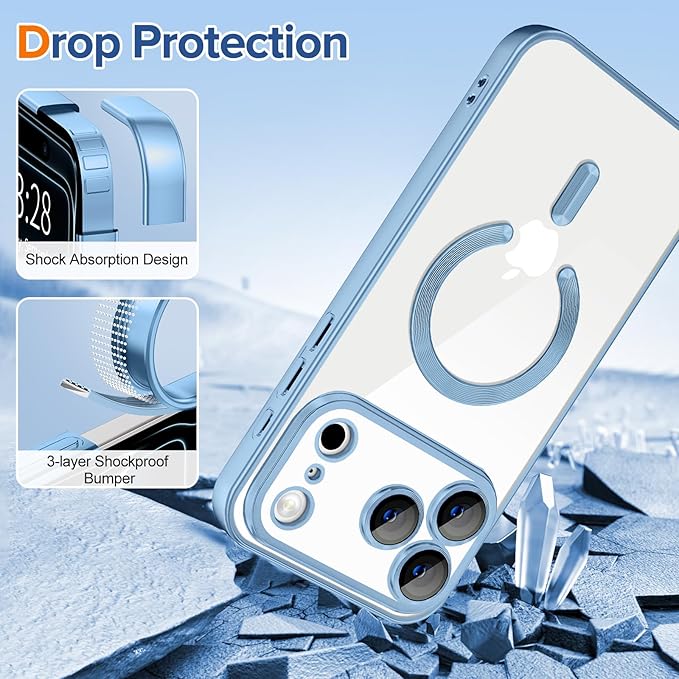 Hython Magnetic Clear for iPhone 17 Pro Case with Camera Lens Protector [Compatible with MagSafe] Luxury Plating Edge Slim Soft TPU Cover Protective Phone Case for iPhone 17 Pro, Matte Light Blue