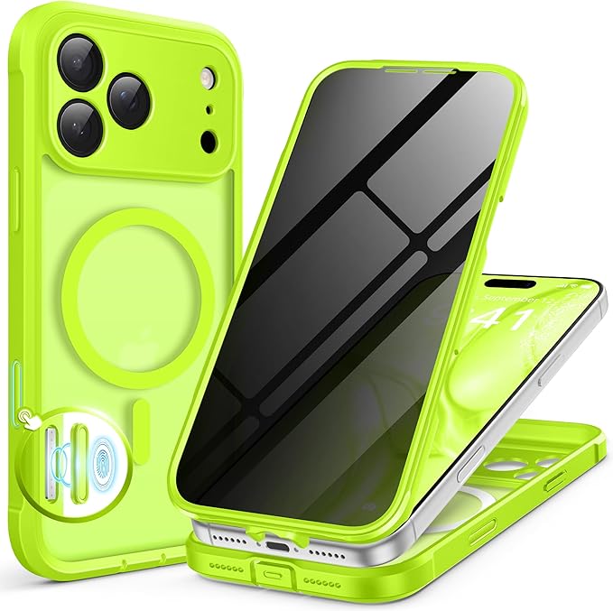 BERFY for iPhone 17 Pro Max Case, Compatible with MagSafe, Built-in Privacy Screen Protector, Camera Protection, Shockproof Full Body Phone Case 6.9", Translucent Bright Green