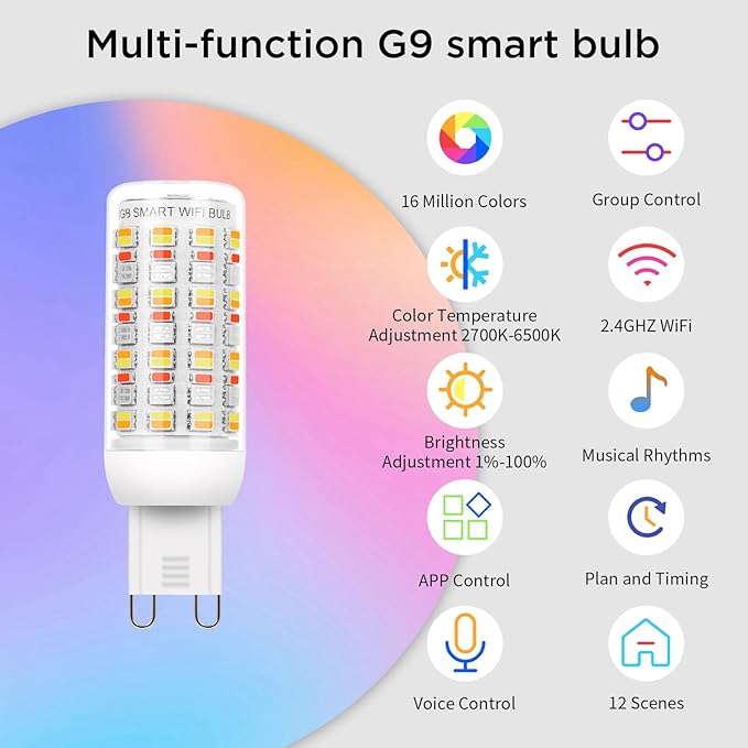 I-SHUNFA Wi-Fi RGBCW Smart G9 LED Bulbs,Compatible with Alexa/Google Home,Multicolour Dimmable,2700K-6500K,AC 120V 4W,400LM Brightness Adjustable 1%-100%,with Musical Rhythm LED Light Bulb,3 Pack