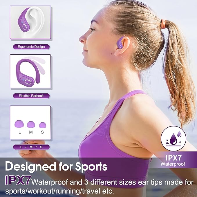 Wireless Earbuds 75hrs Bluetooth 5.4 Headphone Sport, 2026 Bluetooth Earbuds Stereo Deep Bass Over Ear Bud with Earhooks, ENC Noise Cancelling Mic, IPX7 Waterproof Earphone for Gym/Workout, Purple