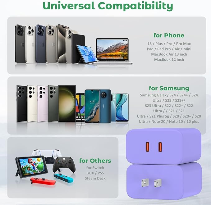 USB C Charger Block, 40W Dual Port Fast Charger 20W Type C Charging Block 3.1A USB Wall Charger Dual Port PD+QC Charging Cube for iPhone 15 16 14 13 12 11 Pro Max XS, iPad, Samsung Phone-Purple