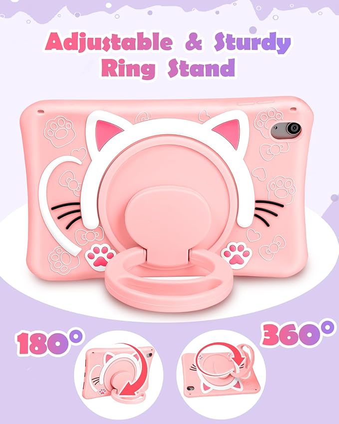 Wazzasoft for iPad A16 Case/10th Generation Case - Soft Silicone Tablet Cover for iPad 11th 11 Inch/10th 10.9 Inch Funda Girls Women 3D Cartoon Cute Cat Kitten with Rotating Stand & Strap