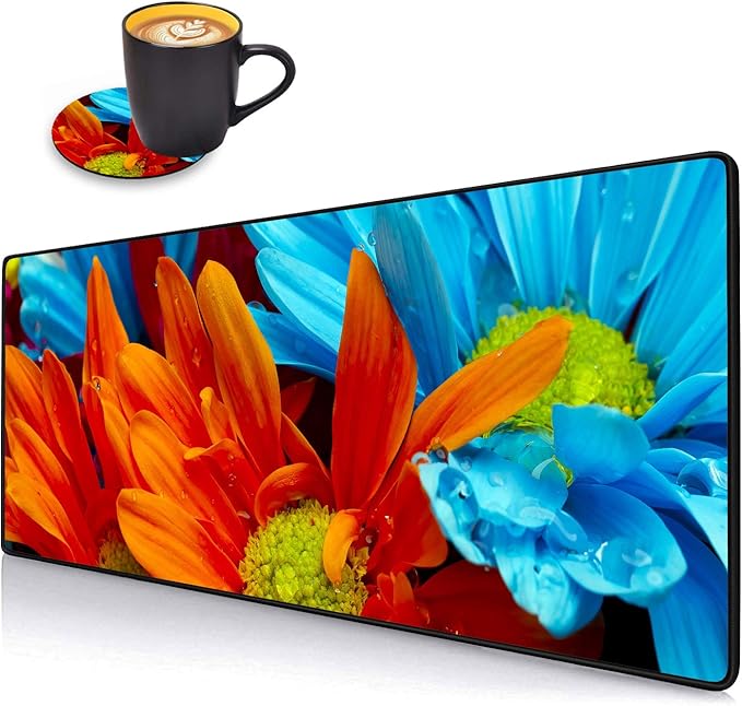 Desk Pad Mat Gaming Mouse Pads with Coasters Set, Stitched Edges Design Mouse Pad XXL Large Mouse Pad for Laptop Computers Daisy Flowers Bloom Colorful Petals Desk Writing Mat for Office & Home