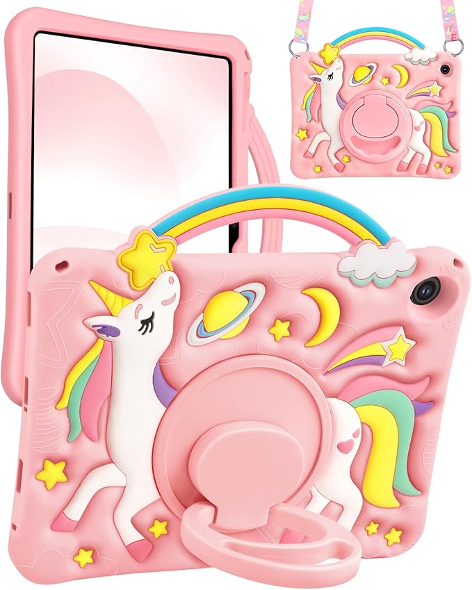 Boaretiu for Samsung Galaxy Tab A9 Plus Case - Cute Cartoon Unicorn Soft 3D Silicone Case with Strap & Rotating Stand for Girls Teens Tablet Cover for Samsung Tab A9+