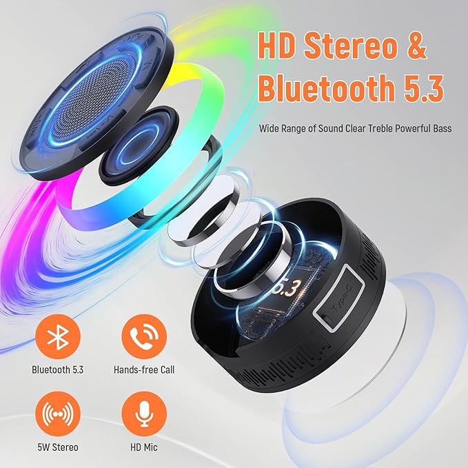IPX7 Waterproof Shower Bluetooth Speaker, Portable Small Speaker with Suction Cup and Time Display, Loud Crystal Sound & Bass 10H Playtime 1100mAh, Wireless Shower Speakers for Pool, Beach Gift Black
