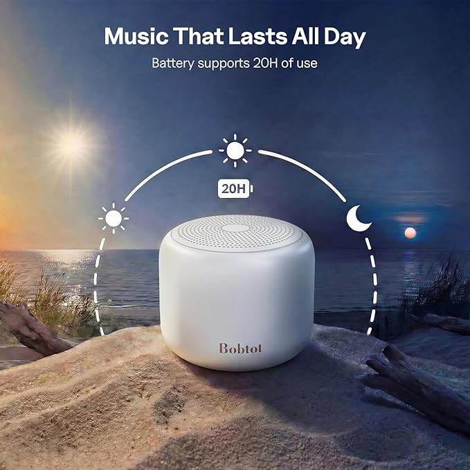 Bobtot Portable Bluetooth Speakers with Strap Easy to Carry, Wireless IPX5 Waterproof Mini Speaker with Loud Stereo Sound, 20 Hours Playtime, Rechargeable Battery, Built-in Microphone, White