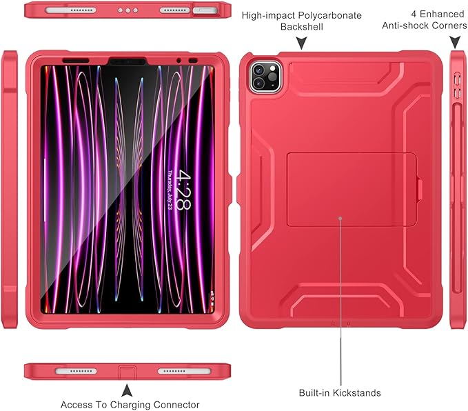 Soke Case for iPad Pro 11 Inch 2022/2021/2020/2018/iPad Air 5th/4th Generation,Built-in Screen Protector - Support 2nd Apple Pencil Charging - Heavy Duty Rugged Protective Kickstand Case - Red