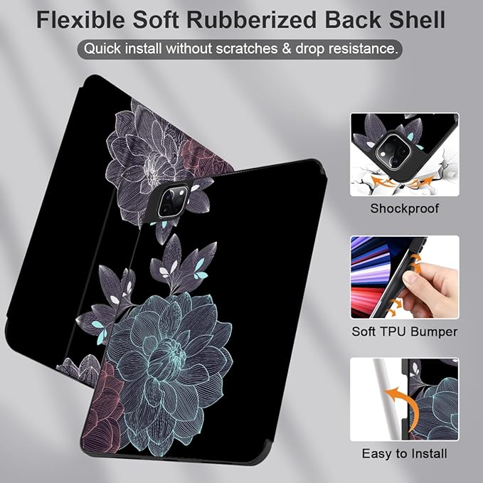 DONGKE Case for 2022/2021/2020/2018 iPad Pro 11 inch Gen 4/3/2/1 - Slim Protective Case - Built in Pencil Holder Support Charging - Trifold Stand & Sleep/Wake Cover - Elegant Flowers