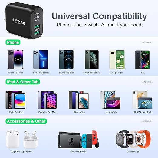 USB Charger Block, 40W 4 Port Dual QC+PD3.0 Fast Charging Block, USB C Charger Block Power Adapter Wall Plug for iPhone 15/14/13/12/11/Pro Max/XS/XR/8/7, iPad, Samsung Phone, Tablet-6FT Type C Cable