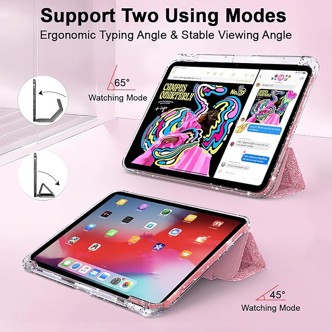 Glitter Case for iPad (A16) 11th Generation 11 Inch (2025), iPad 10th Generation 10.9 Inch (2022), Slim Fit Trifold Stand Auto Sleep Wake Not-Yellowing Clear Back Cover with Pencil Holder,Pink