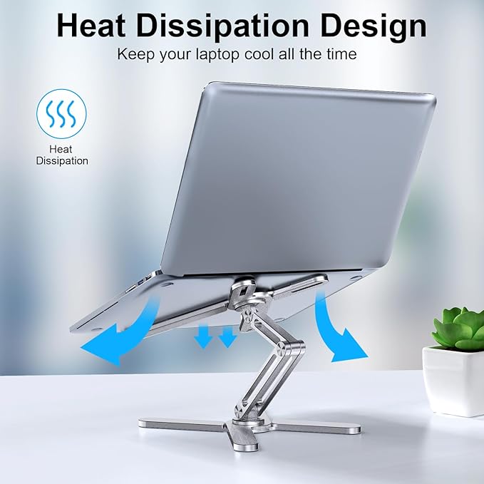 LIENS Adjustable Laptop Stand with 360 Rotating Base, Aluminum Laptop Riser for Desk Foldable, Ergonomic Notebook Stand Holder Compatible with iPad and MacBook/All Laptops up to 16 inches - Silver