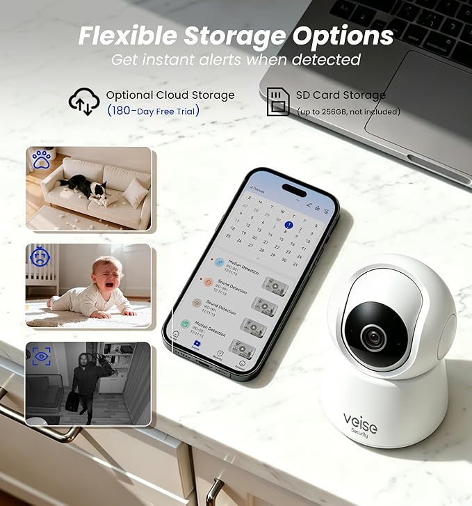 Veise 2K Indoor Camera for Home Security, 360° Wireless WiFi Pet & Baby Monitor with Phone App, AI Motion Detection, 2-Way Audio, Night Vision, SD/Cloud Storage, Works with Alexa & Google Home, 2.4GHz