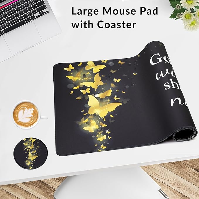 Large Gaming Mouse Pad with Coaster, Desk Matt for Desktop, Desk Pad, Mouse Pads Mat, Stitched Edges Big Extended Mousepad for Computer Keyboard Laptop Office Decor, 31.5'' x15.6''-Gold Butterfly
