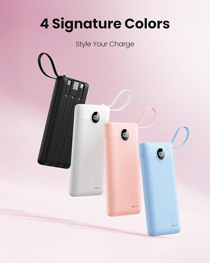 Portable Phone Charger, Slim 10000mAh Travel Essentials Power Bank with Cords Wires, Battery Pack 5 Outputs 2 Inputs LED Display Compatible with iPhone/Android & More (Pink)