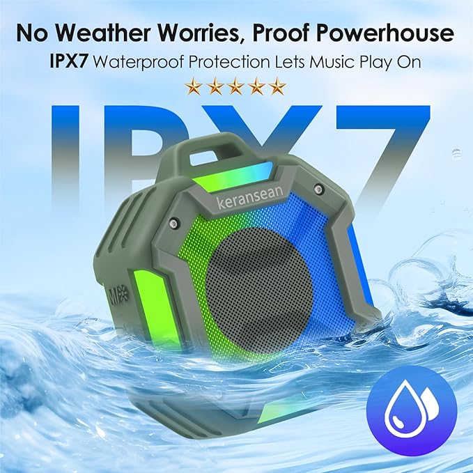 Shower Bluetooth Speaker Waterproof, Portable Small Speaker, Outdoor Bluetooth Speakers Wireless, LED Light, BT5.4, 24H Playtime, Built in Mic, Powerful Sound for Party, Unisex Gifts for Adults-Green