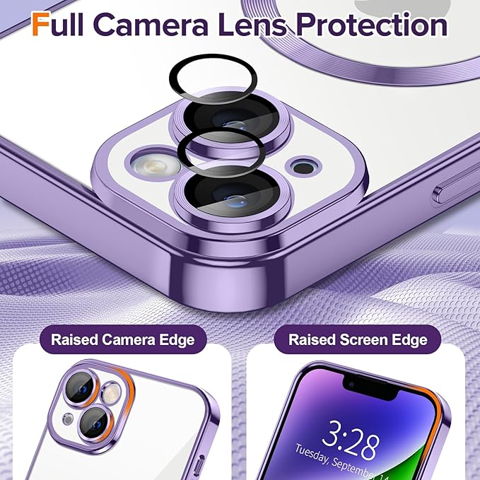 Hython Magnetic Clear for iPhone 14 Case with Camera Lens Protector [Compatible with MagSafe] Luxury Plating Edge Slim Soft TPU Cover Protective Phone Case for iPhone 14 6.1", Light Purple