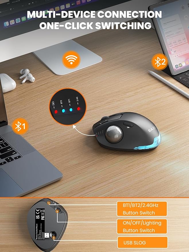SABLUTE MAM1 Pro Ergonomic Wireless Trackball Mouse, Adjustable 0°/18° Angle, Thumb Control, Quiet Clicks, 3 Multi-Device Bluetooth & USB Receiver, Rechargeable Mouse for Office, Windows Mac