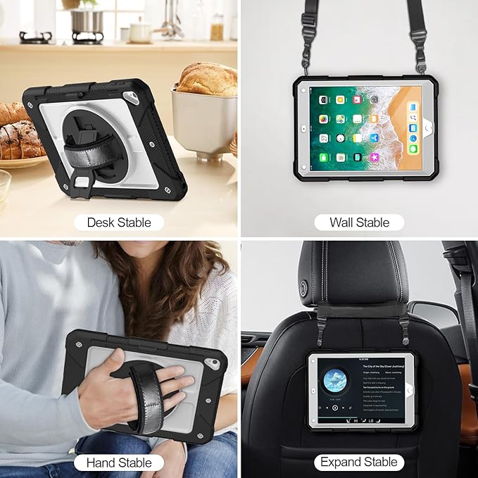 MENZO Shockproof Case for iPad 5th Gen/6th Gen/Air 2/Pro 9.7-inch with 360° Swivel Stand, Pencil Holder, Detachable Hand and Shoulder Strap, Black+Grey