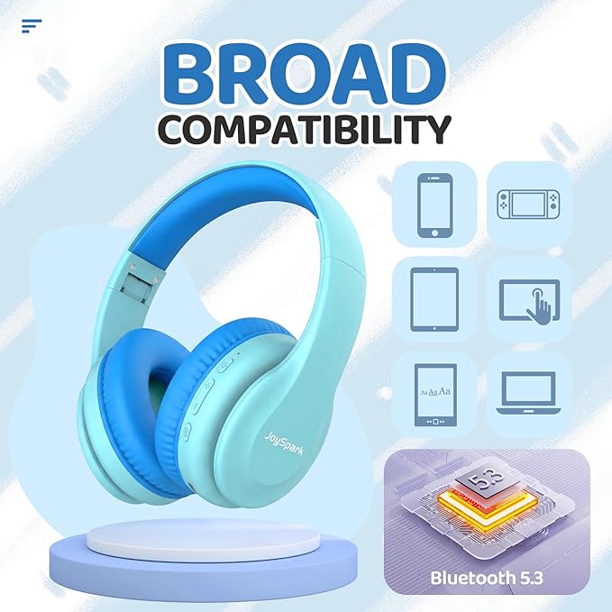 JoySpark Kids Bluetooth Headphones, Lightweight Wireless Headphones for Kids, 85/94dB Volume Limited, 60 Hours Playtime, Bluetooth 5.3, Over-Ear Toddler Headsets with Built-in Mic (Macaron Blue)