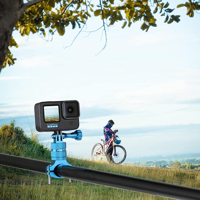 HSU Aluminum Bike Bicycle Handlebar Mount for Gopro Hero 13/12/11/10/9/8/7/6/5/4 Session SJCAM AKASO Campark and Other Action Cameras, 360 Degrees Rotary Mountain Bike Rack Mount (Blue)