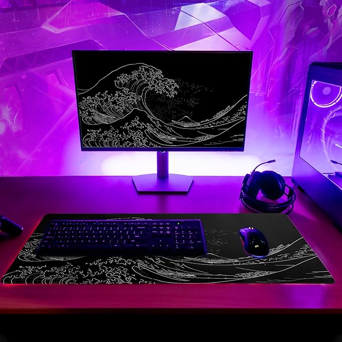 Brecoy Japanese Sea Wave Large Mouse Pad, Anime Black Gaming, Extended Kanagawa Mat Desk Pad, 3mm Thick Long Non-Slip Rubber Base Mice Pad, 31.5 X 11.8 Inch