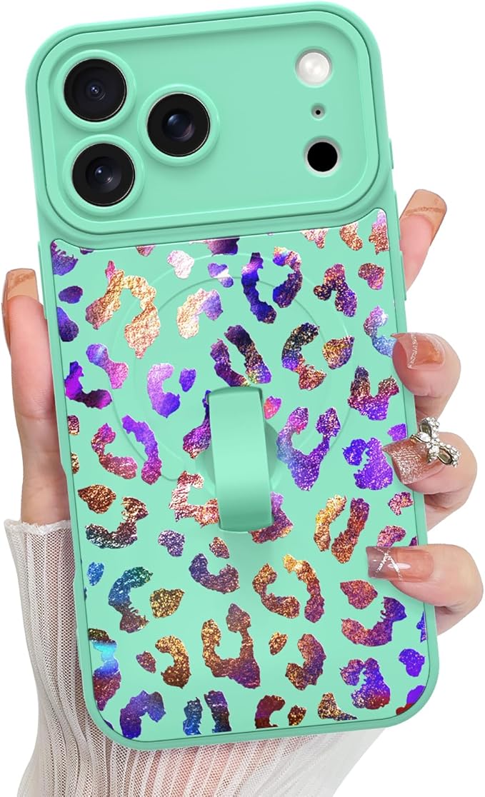KANGHAR Compatible with iPhone 17 Pro Max Case, Support for MagSafe, Silicone Cute Iridescent Leopard Cheetah Pattern, Wristband Kickstand Shockproof Protective Slim Cover for Women Girls, Green